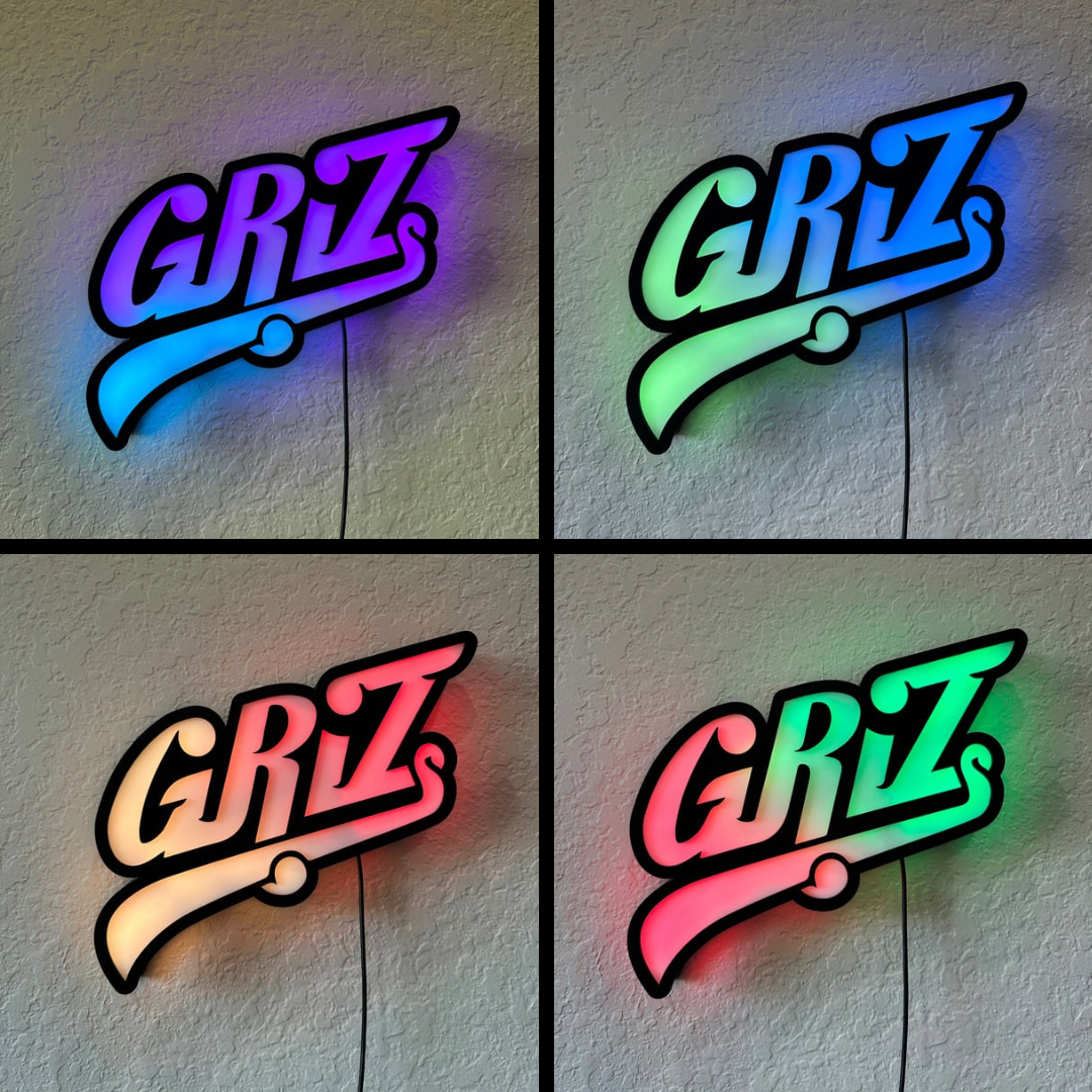 Four photo grid showing different color options for the GRiZ LED Lamp: blue and purple, green and blue, orange and red, and red and green.