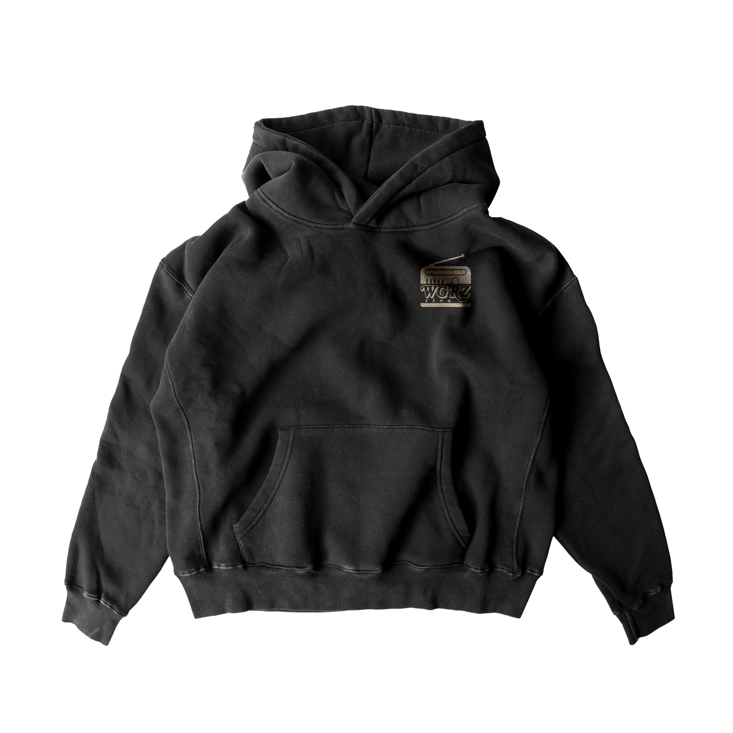 Black hooded sweatshirt featuring the "WGRZ live" radio emblem on the left chest.