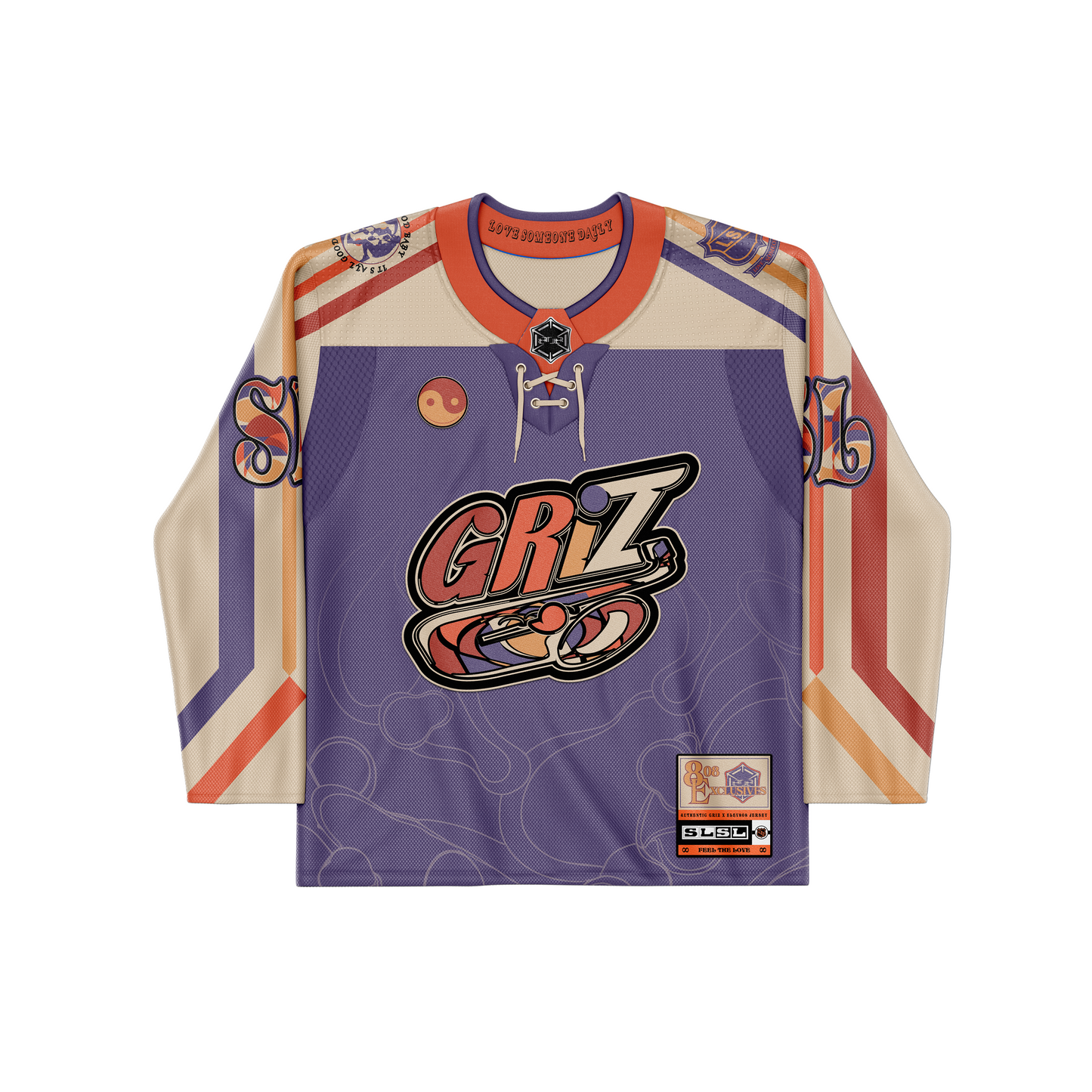 Hockey jersey with pastel rainbow colors, and a saxophone integrated into the GRiZ logo.