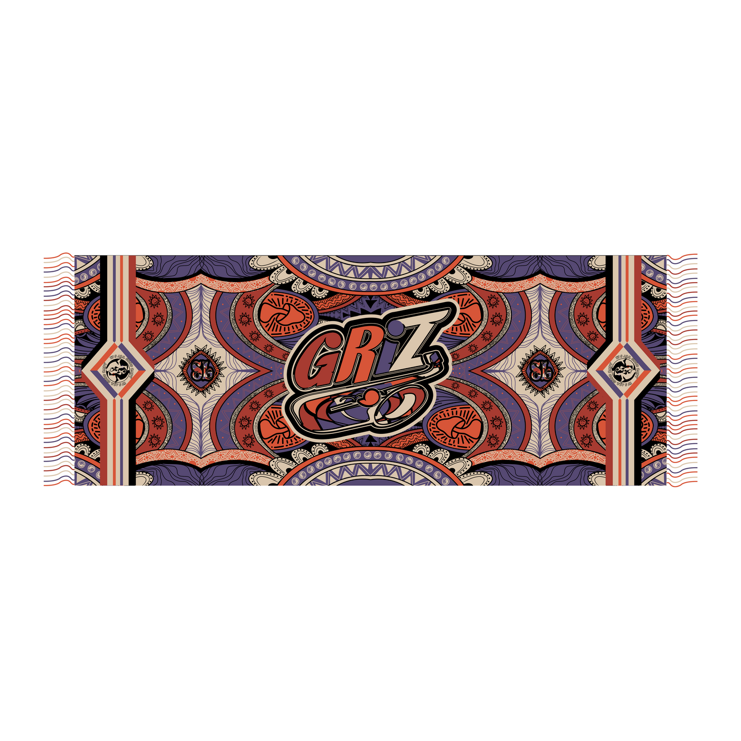 A colorful pashmina with a GRiZ logo and small details including yinyangs, mushrooms, and suns with smiling faces.