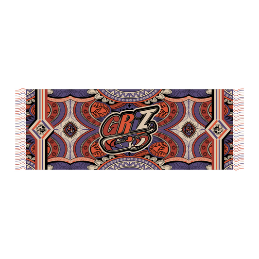 A colorful pashmina with a GRiZ logo and small details including yinyangs, mushrooms, and suns with smiling faces.